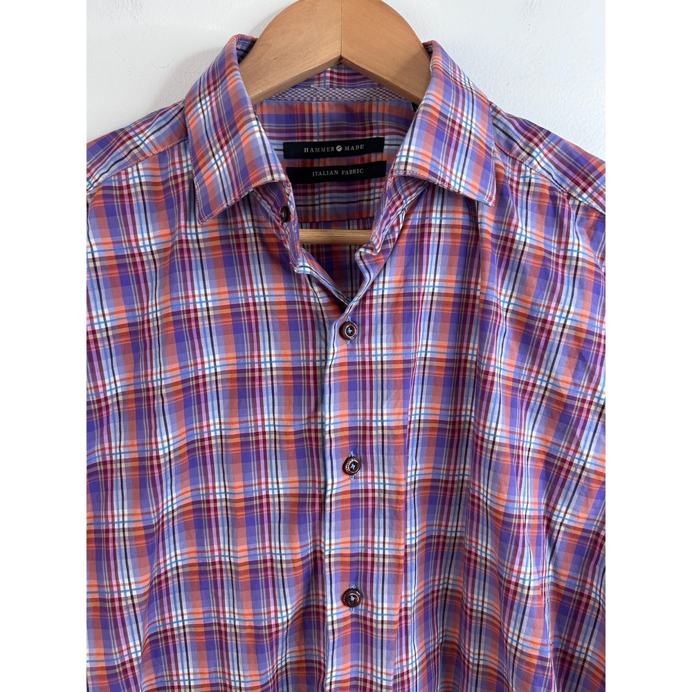 Hammer Made Mens Purple Orange Plaid Italian Fabric Button Down Shirt L 16.5